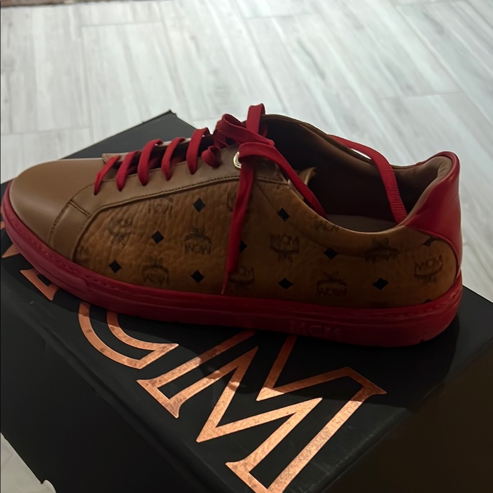 MCM Tan and Red Leather Sneakers
